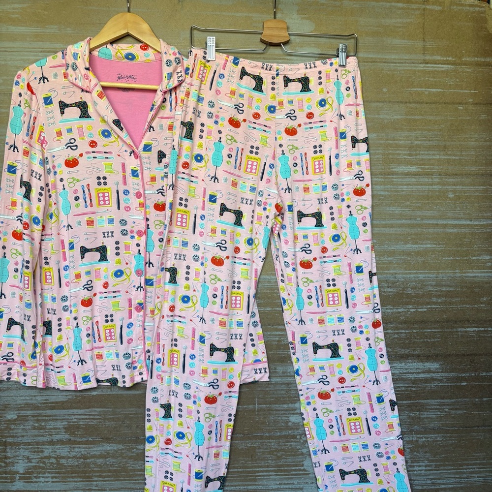 Nick & Nora Sewing Print Pajamas Pink Stretch Lounge Womens S - Picture 4 of 9